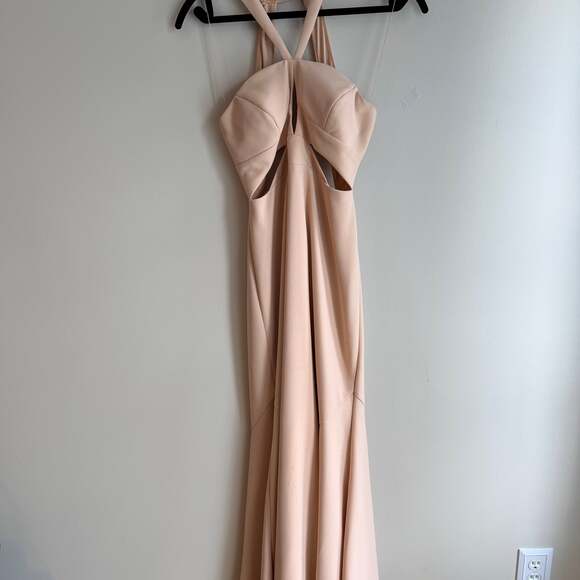 Aidan Mattox Blush Pink Halter Cutout Crepe Gown - Picture 3 of 8